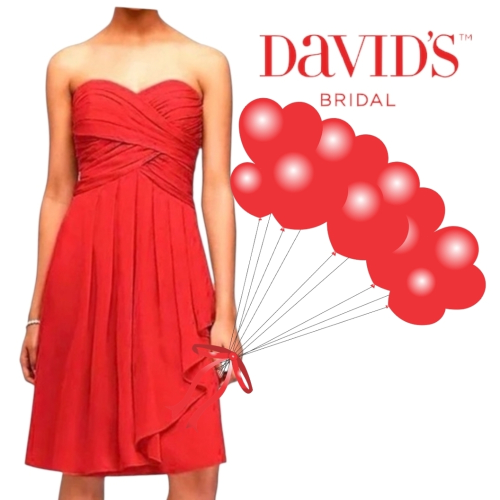 DAVID's BRIDAL Red Crinkle Chiffon Strapless Sweetheart Neck Formal Dress Size 6